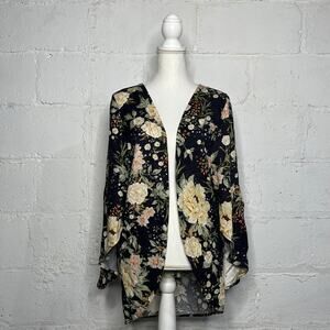 Farm Rio Floral Kimono Jacket Diamond Stitch Split Bell Sleeve Women Gray O/S